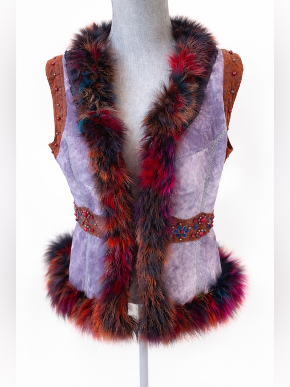 NWT Pretty Angel Sasha Wool Blend Beaded Faux Fur Trim Boho Vest L